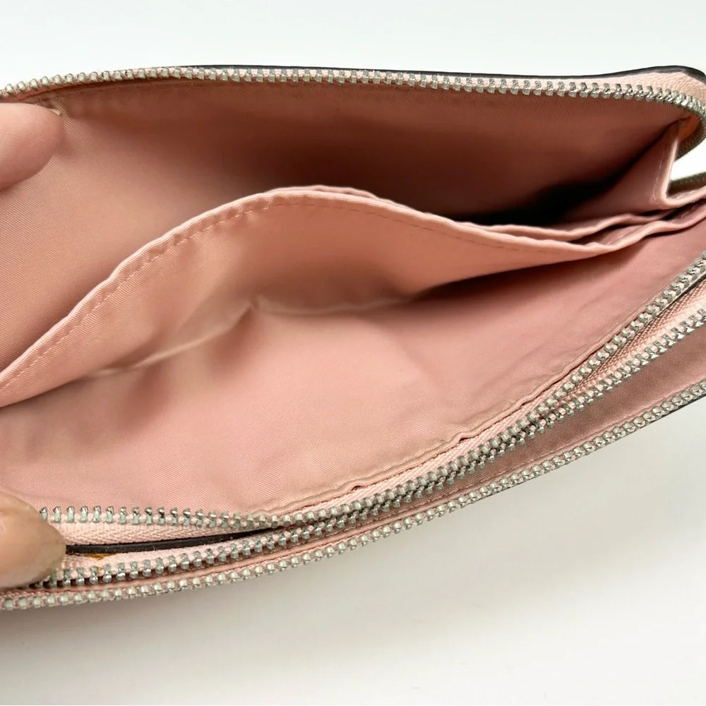 Coach Double Corner Zip Leather  Wristlet In Pink